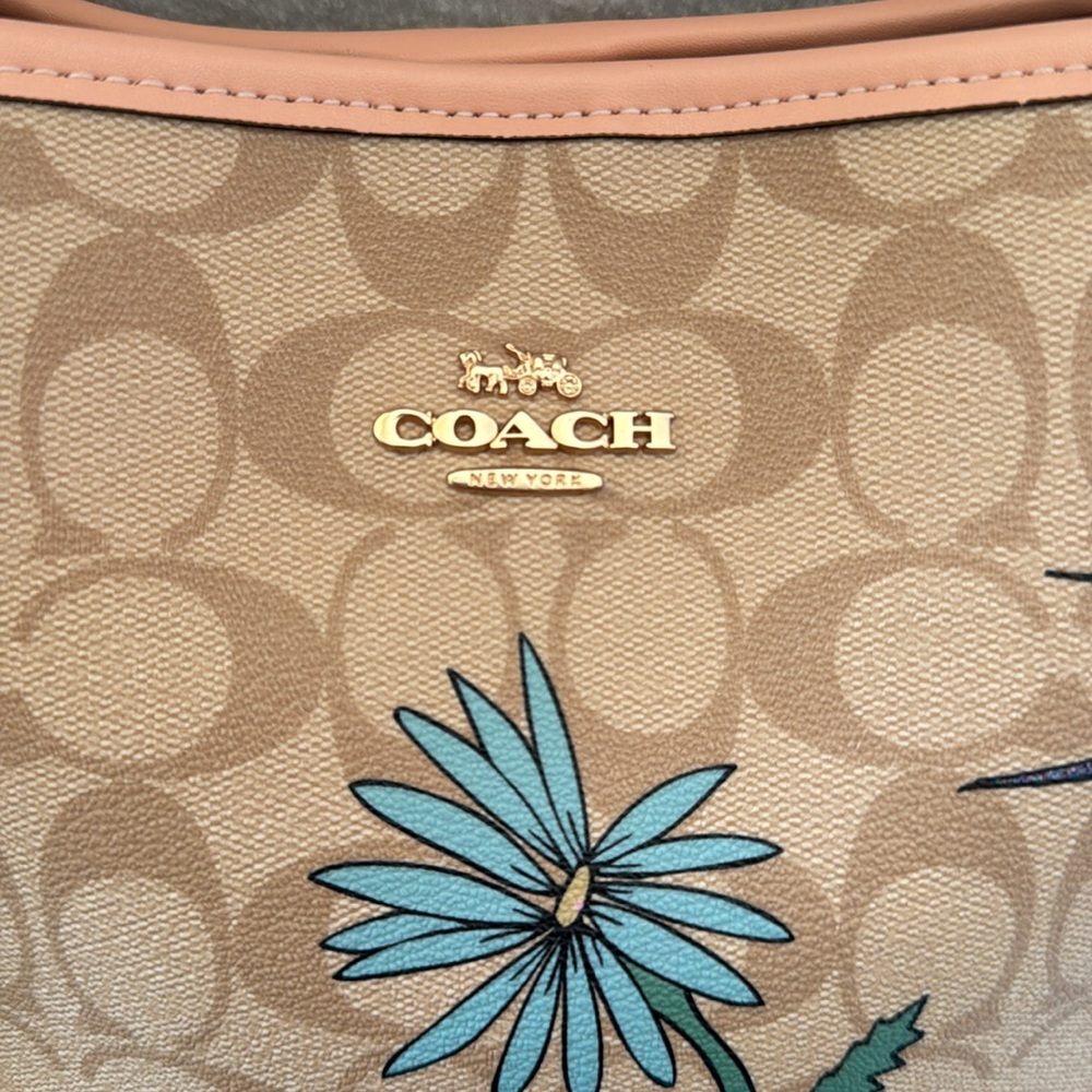 Coach Signature Crossbody Bag in Khaki/Tan with Peach Trim and Blue Floral